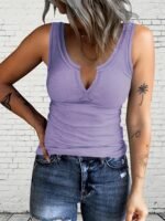 Solid Color Notched Neck Tank Top, Casual Sleeveless Tank Top For Summer, Women'S Clothing - Image 4