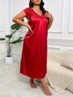 Women'S Plus Size Elegant Red Satin Nightgown With Lace Trim And Bow Detail - V-Neck, Short Sleeve, Flowing Design, Machine Washable - Perfect For Weddings Or Special Occasions, Satin Dress - Image 9