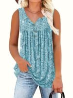 Women'S Floral Print Sleeveless Henley Neck Top - Casual Summer Tank Top, Green With White Flowers, V-Neck, Button Detail, Polyester Fabric, Perfect For Vacation Or Casual Attire, Summer Casual Wear | Vneck Top | Medium Stretch Material, Floral Print Tank To - Image 2