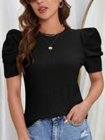 Elegant Ruffled Sleeve T-Shirt - Soft Stretch Polyester-Spandex Blend, Round Neck Casual Chic Top, All-Season Versatile Wear, Hand Wash Only - Image 8