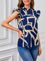 Elegant Women'S Abstract Print Stand Collar Blouse With Ruffle Sleeves - Short Sleeve, Polyester, Machine Washable, Dark Blue & Beige Design, Perfect For Summer Casual Wear, Stylish Office Attire | Ruffle Sleeve Top | Polyester Blouse, Ladies Blouses - Image 5