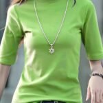 Women'S Casual Stretch T-Shirt - Vibrant Green Solid Color, Stand-Up Collar, High Elasticity, Machine Washable, All-Season Comfort Fit, Cute T Shirts, Versatile Clothing, Pearl Necklace Accent