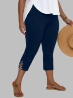 Plus Size, Plus Size High-Waisted Stretchy Rhinestone-Embellished Side Slit Capri Pants - Solid Black Casual Outdoor Leggings For Women, Spring/Summer Fashion, High Waist Pants, Spring Summer Apparel, Nontransparent Fabric, Spring Fashion, Breathable Material, Summer Wardrobe - Image 6