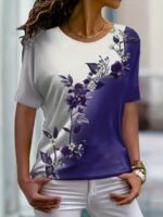 Women'S Gradient Floral Print Round Neck T-Shirt - Casual Short Sleeve Top With Contrast Color Block Design, Medium Stretch Fabric, Machine Washable, All-Season Versatile Wear, Relaxed Fit Tee, Stretchable Material - Image 3