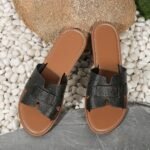 Women'S Summer Fashion Slip-On Flat Monogram Sandals, Solid Color Minimalist Open Toe Slides, All-Season Comfort, Man-Made Upper/Inner/Rubber Sole, Casual Outdoor Footwear - Image 20