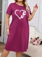 Elegant Plus-Size Women'S Nightgown, Featuring A Heart Print With A Round Neck And Short Sleeves, A Casual And Comfortable T-Shirt Style Dress. - Image 4