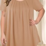 Women'S Casual Crew Neck Short Sleeve Blouse, Solid Color Plus Size, Lightweight Polyester With Subtle Stretch, Flared Hem, Spring/Summer Fashion Top, Casual Wear Blouse | Elegant Plus Size | Simple Eleganc