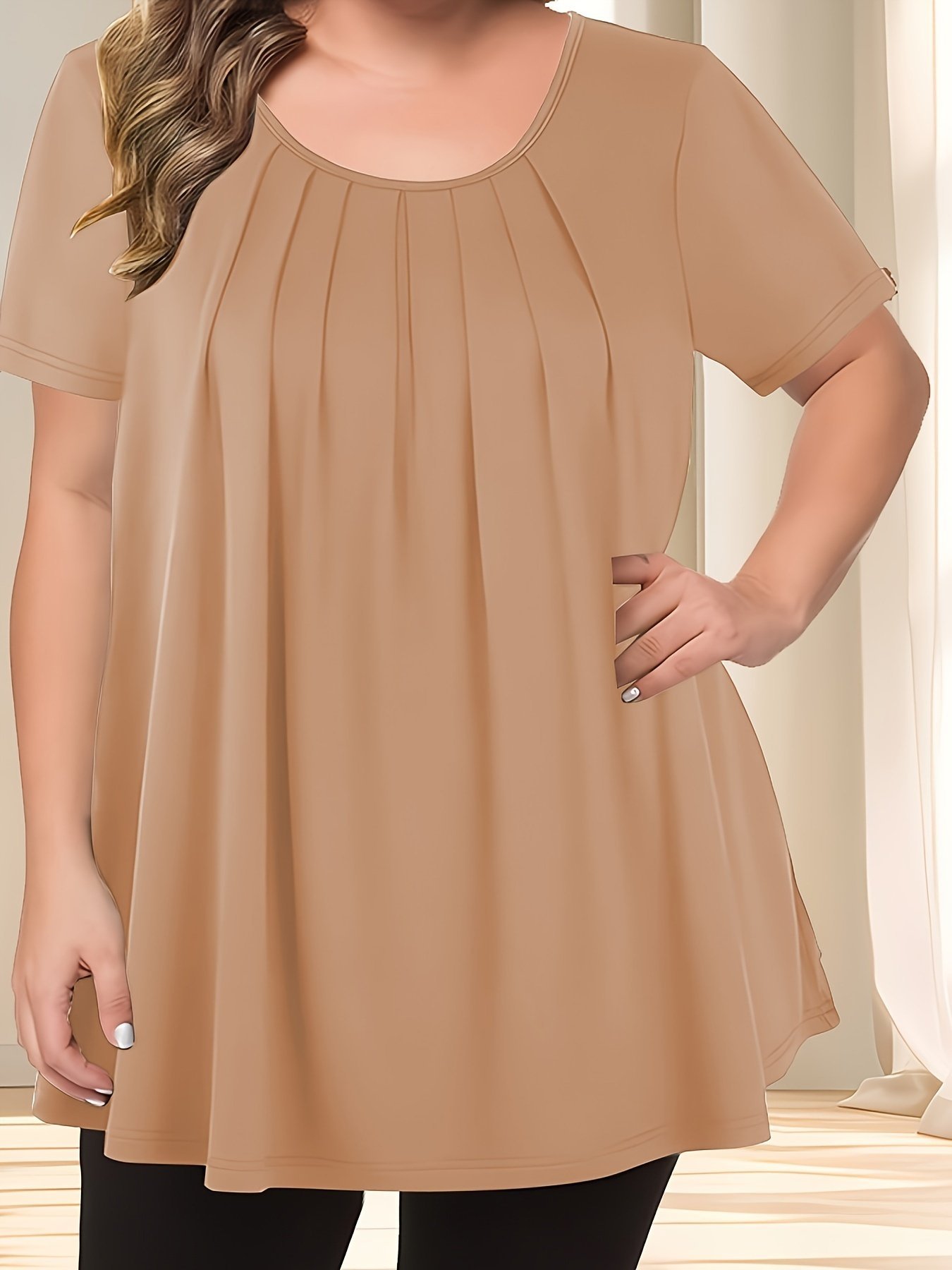 product-fancy-89a2e8a2-a84c-4913-8e3b-11dab596bbe8.jpg Women'S Casual Crew Neck Short Sleeve Blouse, Solid Color Plus Size, Lightweight Polyester With Subtle Stretch, Flared Hem, Spring/Summer Fashion Top, Casual Wear Blouse | Elegant Plus Size | Simple Eleganc - Image 1