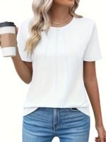 Women'S Casual Summer T-Shirt - Solid Color, Round Neck, Short Sleeve, Comfortable Loose Fit, Dark Blue, Polyester Blend, Machine Washable, Casual Summer Wear | Round Neck Tshirt | Texture - Image 2