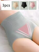 3Pcs Women'S High-Waist Briefs - Comfortable, Breathable Nylon-Elastane Blend, Tummy Control & Butt Lifting, Hexagonal Pattern Design, Non-See-Through - Available In Light Gray, White, Beige - Image 2
