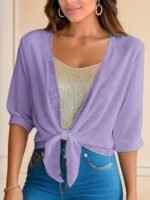 Solid Color Tie Front Crop Blouse, Versatile Half Sleeve Blouse For Spring & Summer, Women'S Clothing - Image 4