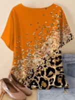 Plus Size - Plus Size Women'S Leopard Print T-Shirt - Casual & Comfortable Round Neck Short Sleeve Top, Vibrant Orange With Black & White Leopard Pattern, Lightweight Summer Tee, No Accessories Included, Leopard Print Tee, Comfortable Fashion - Image 3