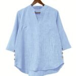 Plus Size Women'S New Shirt In Minimalist Style With V-Neck And Long Sleeves, Faux Button Design