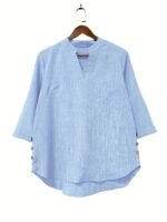 Plus Size Women'S New Shirt In Minimalist Style With V-Neck And Long Sleeves, Faux Button Design
