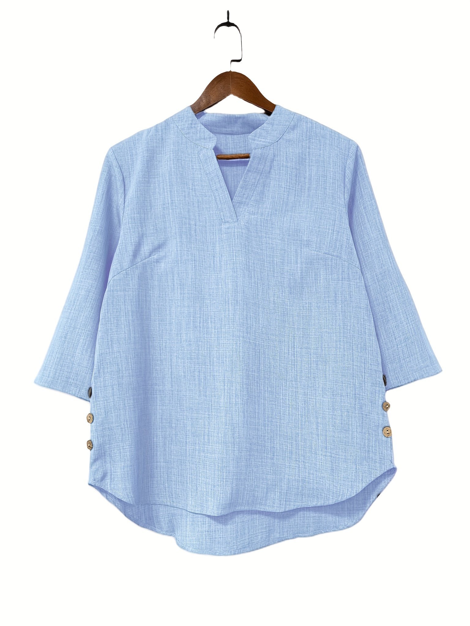 product-fancy-8af47bf0-0de6-4abf-bad2-78b3de5296e9.jpg Plus Size Women'S New Shirt In Minimalist Style With V-Neck And Long Sleeves, Faux Button Design - Image 1