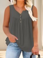 Plus Size Solid Ruched Tank Top, Casual Sleeveless Button Front Notched Neck Top For Summer & Spring, Women'S Plus Size Clothing - Image 9