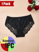 Plus Size High Stretch Polyamide Briefs With Contrast Lace Detail, Sexy Hollow Out Knit Fabric Panties For Women - 1Pc Pack - Image 5
