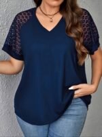 Women'S Plus Size Elegant V-Neck T-Shirt With Contrast Lace Detail, Short Sleeve Casual Top For Spring/Summer, Polyester Knit Fabric, 180Gsm - Purple With Black Text "Handmade" - Image 2