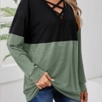 Plus Size, Women'S Casual Long Sleeve T-Shirt - Color-Blocked V-Neck Cross-Strap Design, Black & Olive Green, Machine Washable, Spring Summer Fall Essential, Everyday Outfit, Stylish Pullover, Comfortable Fit, Pullover Top, Casual Attire