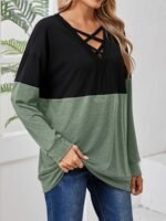 Plus Size, Women'S Casual Long Sleeve T-Shirt - Color-Blocked V-Neck Cross-Strap Design, Black & Olive Green, Machine Washable, Spring Summer Fall Essential, Everyday Outfit, Stylish Pullover, Comfortable Fit, Pullover Top, Casual Attire