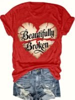 Women'S "Beautifully Broken" Heart Print Casual T-Shirt - Vibrant Orange Short Sleeve Round Neck Summer Top, Machine Washable & Affordable, Ladies T Shirts, Everyday Fashion, Relaxed Fit Tee, Allseason Wear - Image 3