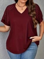 Plus Size, Plus Size Spring-Summer New Elegant Contrast Lace Splicing T-Shirt For Women Short Sleeve - Image 7