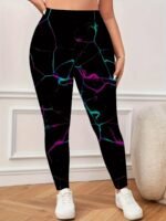 Women'S Plus Size High-Waisted Floral Print Leggings - Stretchy, Casual, Machine Washable, Black With Vibrant Purple & Teal Accents, All-Season Comfort Fit, High Waisted Leggings - Image 2