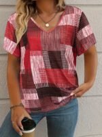 Plus Size, Plus Size Women'S Casual V-Neck Short Sleeve T-Shirt - Stretchy Patchwork Print Top With Lime Green & Purple Geometric Design, Machine Washable For Spring Summer Fall, Seasonal Fashion, Nontransparent Fabric, Highelastic Material - Image 3
