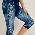 Plus Size Floral Print Capri Leggings, Casual Faux Denim Stretchy Leggings For Spring & Summer, Women'S Plus Size Clothing
