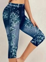 Plus Size Floral Print Capri Leggings, Casual Faux Denim Stretchy Leggings For Spring & Summer, Women'S Plus Size Clothing