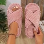 Women'S Cozy Plush Slides - Soft Beige Fleece Lining, Eva Sole, Classic Striped Design, Comfortable Indoor Shoes For All Seasons, Perfect Gift Idea, Indoor Slippers | Classic Striped Slides | Eva Sole Slippers - Image 3