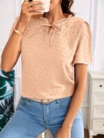 Elegant Deep V-Neck Lace-Up Blouse For Women - Chic Solid Color Shirting Style With Eyelet Detail, Versatile For All Seasons - Image 2