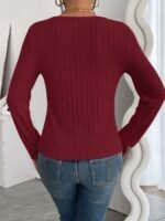 Women'S Chic Ribbed V-Neck Slim Fit Top - Elegant Long Sleeve, Solid Black, Perfect For Fall/Winter Fashion, Stylish Layering Piece - Image 7