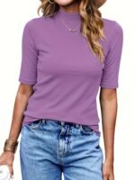 Women'S High-Neck Half-Sleeve Turtleneck T-Shirt - Stretchy Slim Fit Casual Top, Solid Black, Machine Washable For Spring/Fall Layering, Casual Attire Top, Versatile Fashion Top, Stretchy Fabric Top - Image 3
