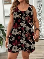 Women'S Plus Size Floral Print Sleeveless Knit Jumpsuit - Gray, Black & White Flower Design, Round Neck, Backless With Pockets, Perfect For Summer Vacations, Casual Outings Attire | Floral Print Jumpsuit | Knit Constructio