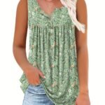 Women'S Floral Print Sleeveless Henley Neck Top - Casual Summer Tank Top, Green With White Flowers, V-Neck, Button Detail, Polyester Fabric, Perfect For Vacation Or Casual Attire, Summer Casual Wear | Vneck Top | Medium Stretch Material, Floral Print Tank To