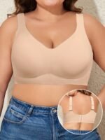 Single Pack Plus Size Seamless V-Neck Bralette, Sexy Style, Polyamide Knit Fabric With Medium Stretch, Solid Color, Wireless, Comfortable Breathable, With Removable Padding - Image 2