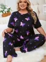 Women'S Plus Cute Pajama Set, Plus Size Star & Butterfly Print Short Sleeve Crew Neck T-Shirt & Pants Pajama 2 Piece Set