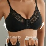 1Pc Elegant Black Lace-Trimmed Wireless Bralette With Front Closure, Breathable & Seamless Light Support For Spring/Summer, No-Pad Comfort Fit, Backless Design, Lace Trim Detail