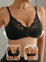 1Pc Elegant Black Lace-Trimmed Wireless Bralette With Front Closure, Breathable & Seamless Light Support For Spring/Summer, No-Pad Comfort Fit, Backless Design, Lace Trim Detail