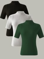 Women'S Elegant Rib-Knit T-Shirt, Polyester 100% Skinny Fit Half Sleeve Tops, Solid Crew Neck Knit Pullovers, All-Season Stretchy T-Shirt With Pleated Hem, 350G/M? Fabric Weight - Image 6