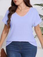 Plus Size, Plus Size Women'S Elegant V-Neck T-Shirt - Soft Semi-Sheer Fabric, Vibrant Red, Machine Washable, Spring Summer Fall Casual Top, Ladies T Shirts, Seasonal Fashion, Sophisticated Casual, Comfortable Fit - Image 7
