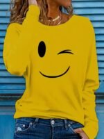 Women'S Casual Long Sleeve Crew Neck Graphic Print T-Shirt - Playful Joyful Face Design, Slim Fit, Soft Breathable Fabric For Spring & Fall, Versatile Everyday Top, Ladies T Shirts, Wink Motif Apparel, Highquality - Image 4