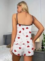 1 Set Women'S Sexy Polyester Pajama Set, Love Heart Print Spaghetti Strap Shorts, Knit Fabric Sleepwear For All Seasons, Adult Lounge Set - Image 3