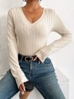 Women'S Chic Ribbed V-Neck Slim Fit Top - Elegant Long Sleeve, Solid Black, Perfect For Fall/Winter Fashion, Stylish Layering Piece - Image 5