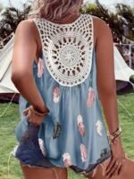 Elegant V-Neck Sleeveless Vest, Woven Non-Stretch Fabric, Pattern, With Contrasting Lace Details, For Women, With Voluminous Floral And Ruffles - Image 2