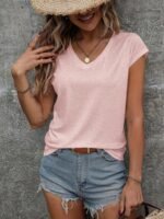 Solid Color V Neck T-Shirt, Casual Short Sleeve T-Shirt For Spring & Summer, Women'S Clothing - Image 6