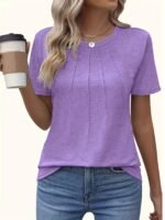 Women'S Casual Summer T-Shirt - Solid Color, Round Neck, Short Sleeve, Comfortable Loose Fit, Dark Blue, Polyester Blend, Machine Washable, Casual Summer Wear | Round Neck Tshirt | Texture - Image 5