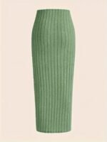 Solid Color Ribbed Bodycon Skirt, Casual High Waist Slim Below Knee Skirt, Women'S Clothing - Image 4