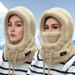 Women'S Plush Winter Mask Hat & Scarf - One-Piece Face Cover With Adjustable Drawstring, Elastic Face For Skiing, Cycling, Outdoor Sports - Lightweight Warm Beige/White Hooded Neck Warmer (Hand Wash Only) - Image 4